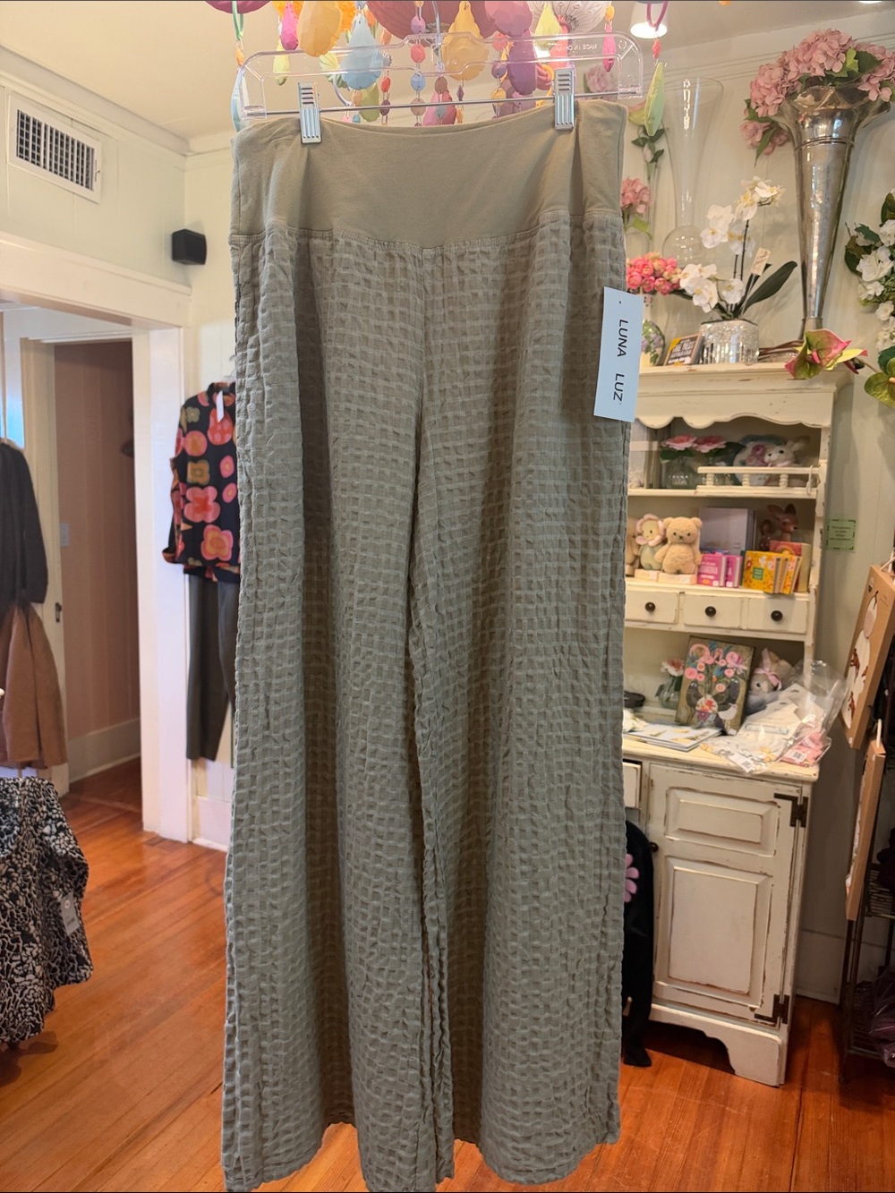 Luna Luz Sage Green Wide-Leg Textured Pants